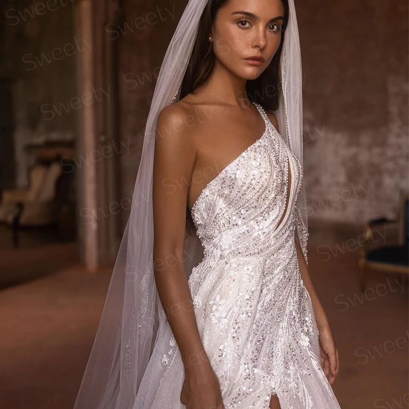 Lussuoso abito da sposa in organza con ricamo perline fessura una linea abito da ballo monospalla senza maniche bottoni da sposa Vestido De N