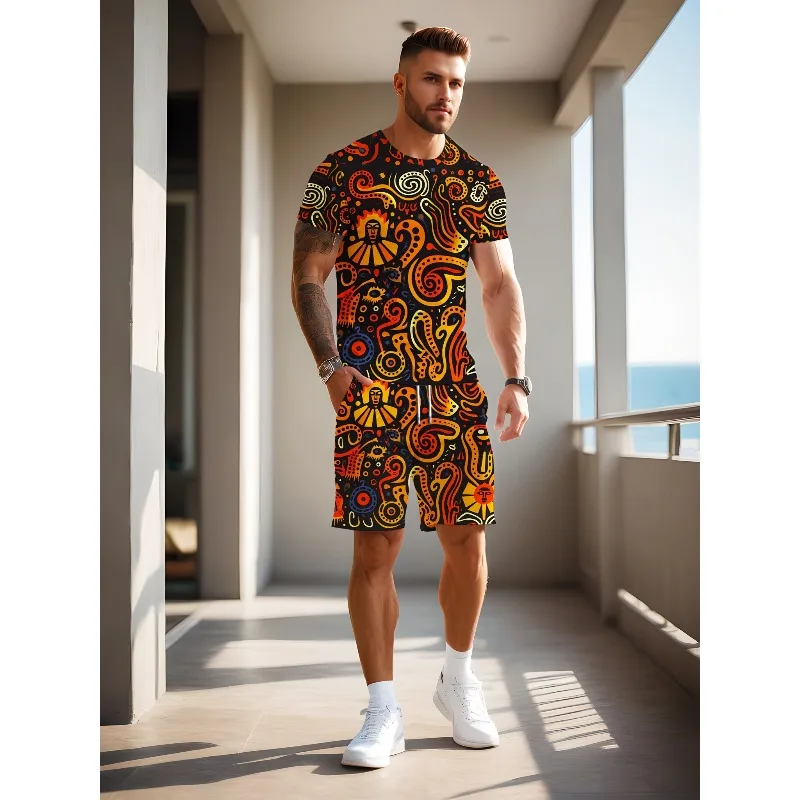 2025年夏の必須アイテム、クリエイティブなレトロ3Dデジタルプリントメンズ半袖ショートパンツセット、最新のファッショントレンド、カジュアルTシャツ
