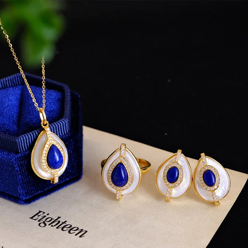 

Original design faux fritillary drop earrings for women silver color lapis lazuli jewelry suit high-quality rings necklaces