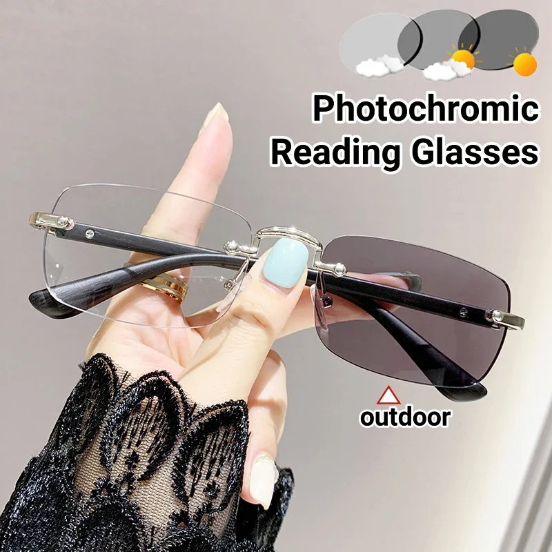 

Luxury Wood Grain Business Photochromic Reading Glasses Frameless Bamboo Leg Presbyopia Glasses Retro Anti Blue Light Eyewear