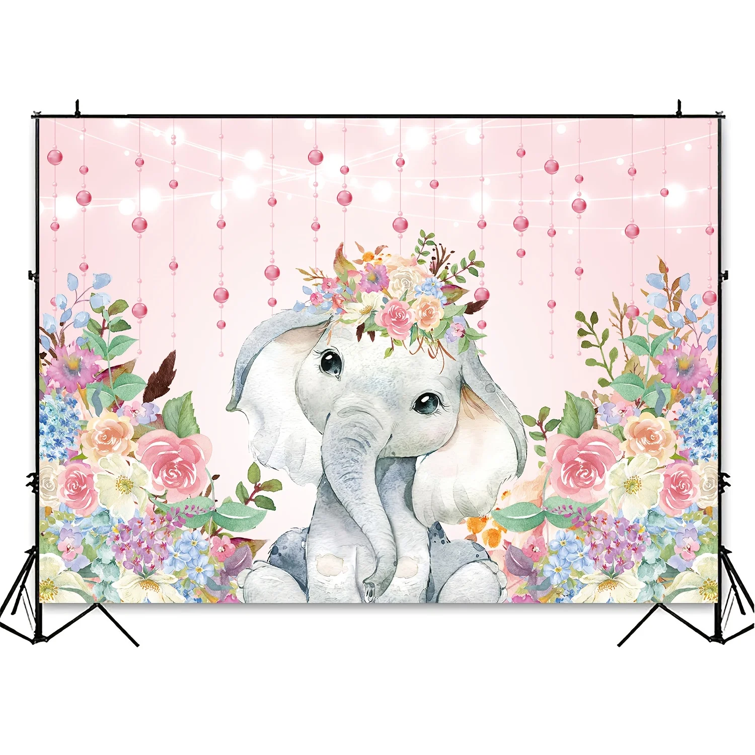 Watercolor pink floral Elephant baby shower background, Happy Birthday party decorated cake table banner