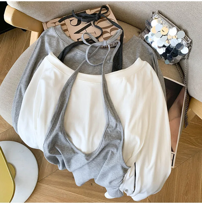 Camicie da donna coreane finte in due pezzi a maniche lunghe alla moda, tutte abbinate, girocollo autunnali, camicie pullover dal design con lacci slim fit