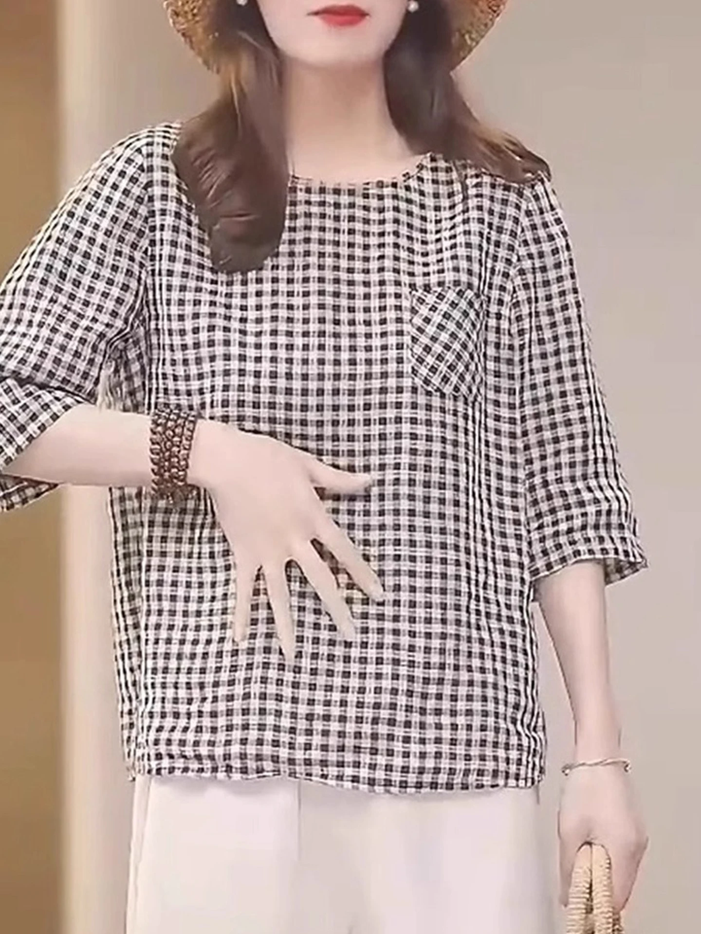 라운드 넥 디자인 한국 스타일 심플한 오팔 소매 패셔너블 다용도 셔츠 출퇴근 우아함 탑 작은 셔츠 여름 2025