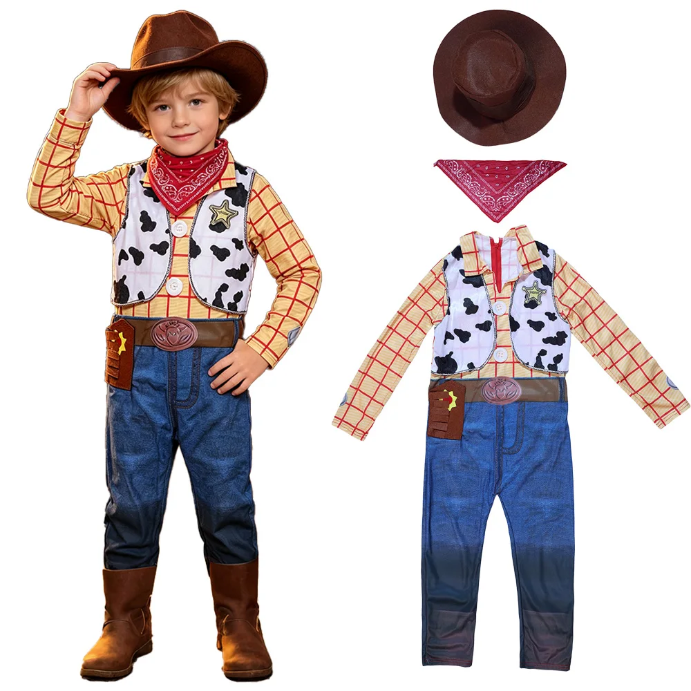 Boys Western Cowboy Sheriff Costume Kids Halloween Cosplay Jumpsuit+Hat 3pcs Set Children Carnival Stage Performance Outfit 2-7Y