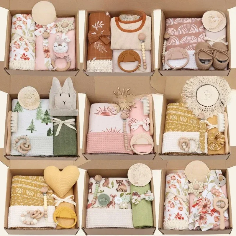 Tulle Swaddle Blanket Set Bamboo Cotton Printed Newborn Packaging Toys Brush Waffle Blanket Safety Blanke
