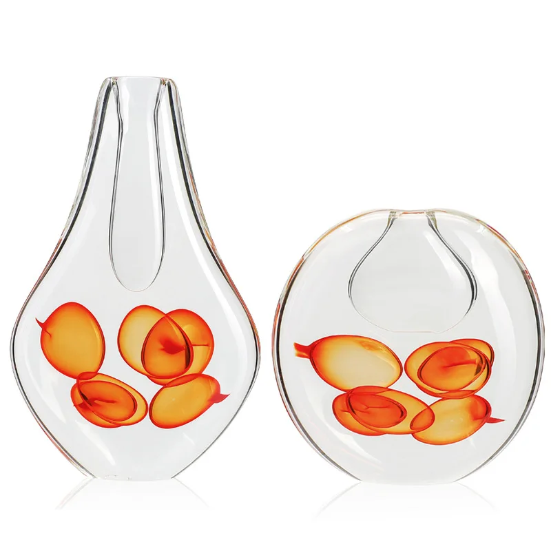 Glass vase ornament, high-end art orange bubble flower arrangement, high-value artwork