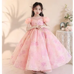 Sequin Children Evening Dresses for Girls 3-10Years Kids Birthday Party Luxury Ball Gown Wedding Prom Formal Pink Flower Dress