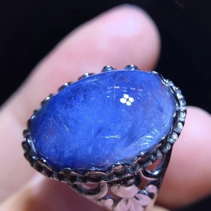 

Natural Blue Rutilated Dumortierite Quartz Adjustable Ring 17/11mm Oval Woman Men Ring Jewelry AAAAAAA