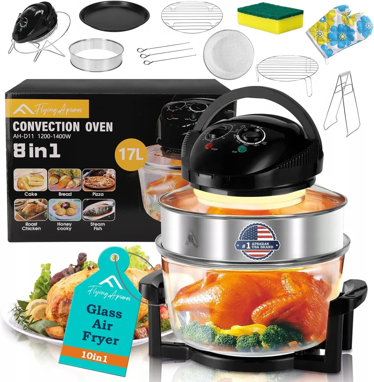 APSARAS USA Verbesserte 10-in-1 Glas-Heißluftfritteuse, ungiftig, 17 Quart Konvektionsofen, Glas-Heißluftfritteuse für die Arbeitsplatte, gesunde Küche