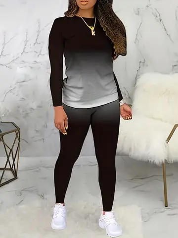 Plus size European and American cross-border spring and autumn new round neck gradient long sleeve trousers casual suit