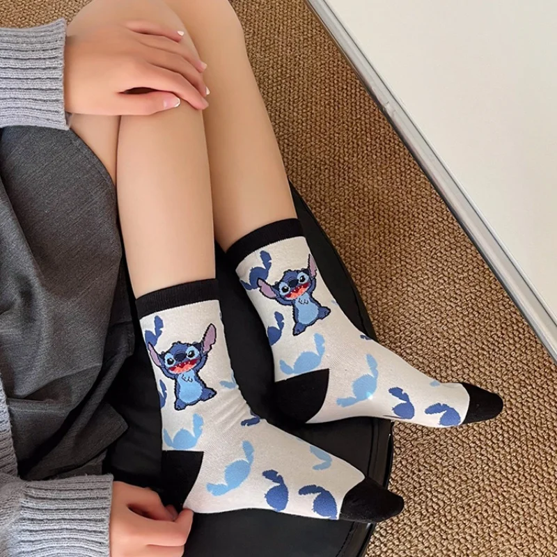 Kawaii  New Anime Cartoon cute Stitch Pure Cotton Socks Medium Length Socks Combed Cotton Birthday Gift for Girls Friends Boys