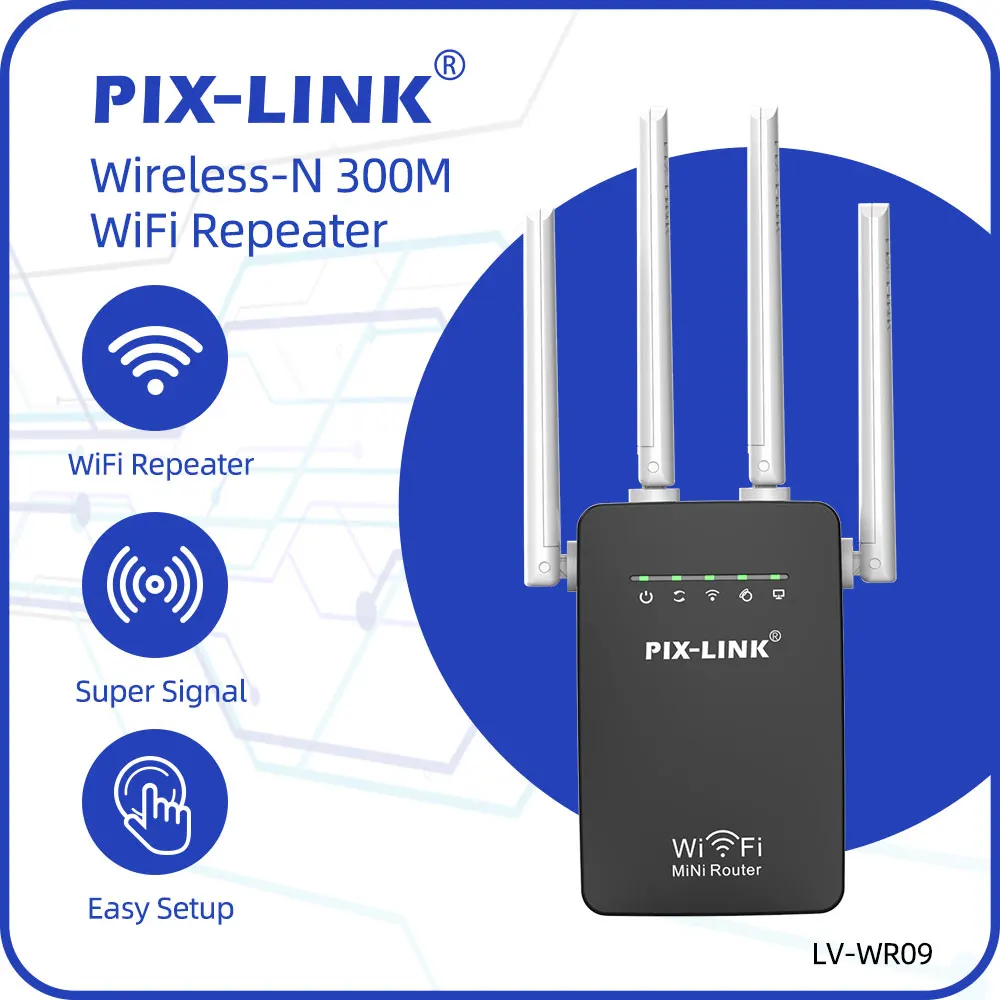 PIXLINK Mini WiFi Repeater / Router / Access Point Wi-Fi Range Extender dengan 4 Antena Eksternal Perlindungan WPS EU/US/UK/AU Plug