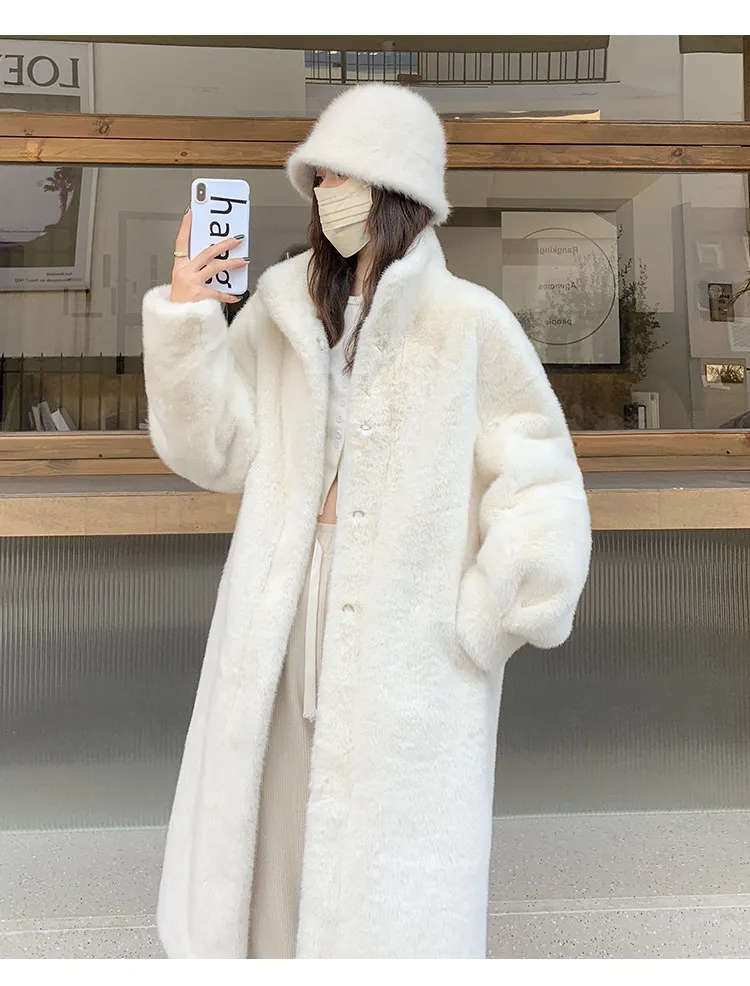 Women's Thick Faux Mink Fur Mid-length Coat Autumn Winter Fashion Stand Collar Plush Outerwear Women Elegant Warm Fluffy Jackets