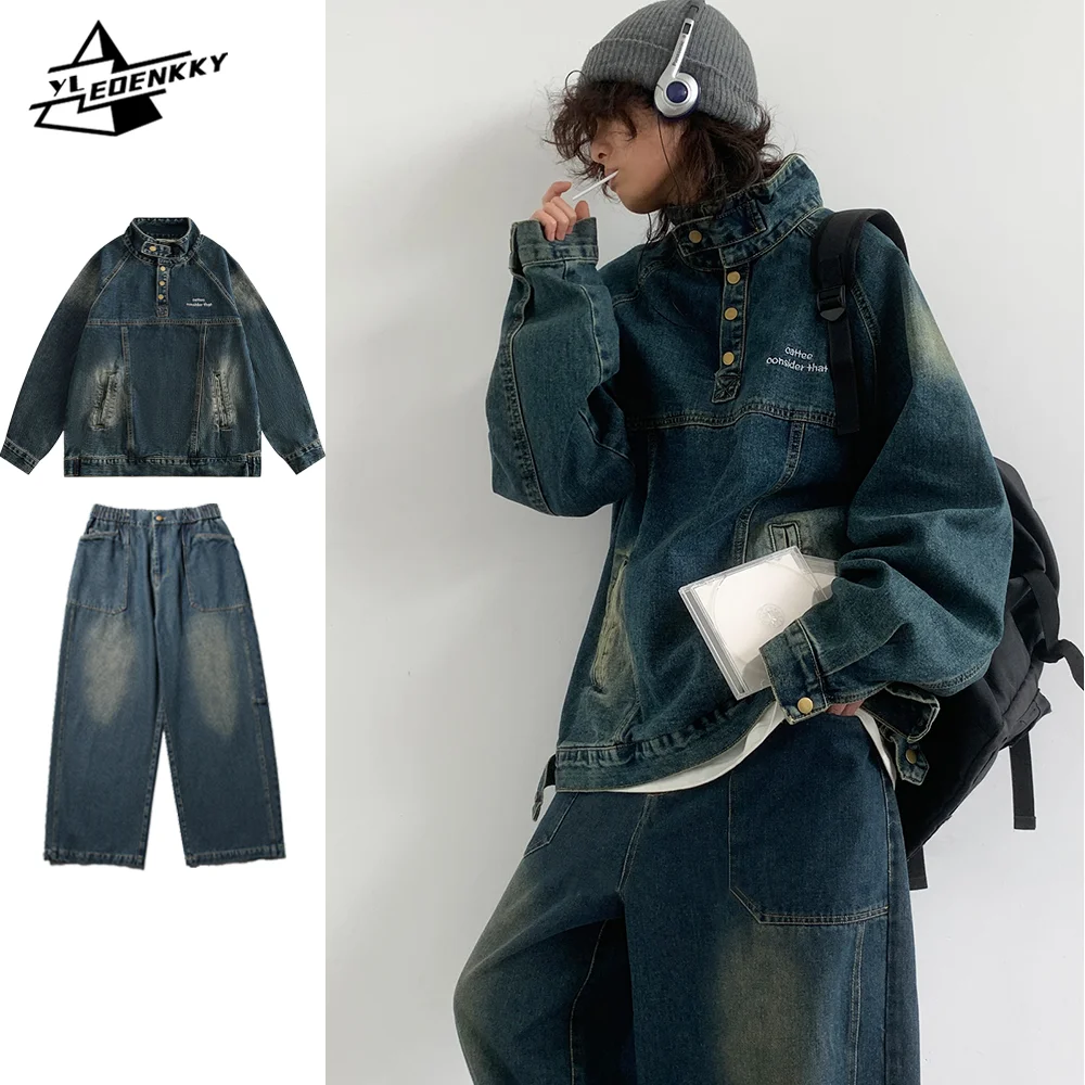 Distressed Denim Set Men Women High Street Vintage Baggy Denim Jacket+Hip-hop Oversized Wide-leg Jeans Harajuku Casual Two-piece