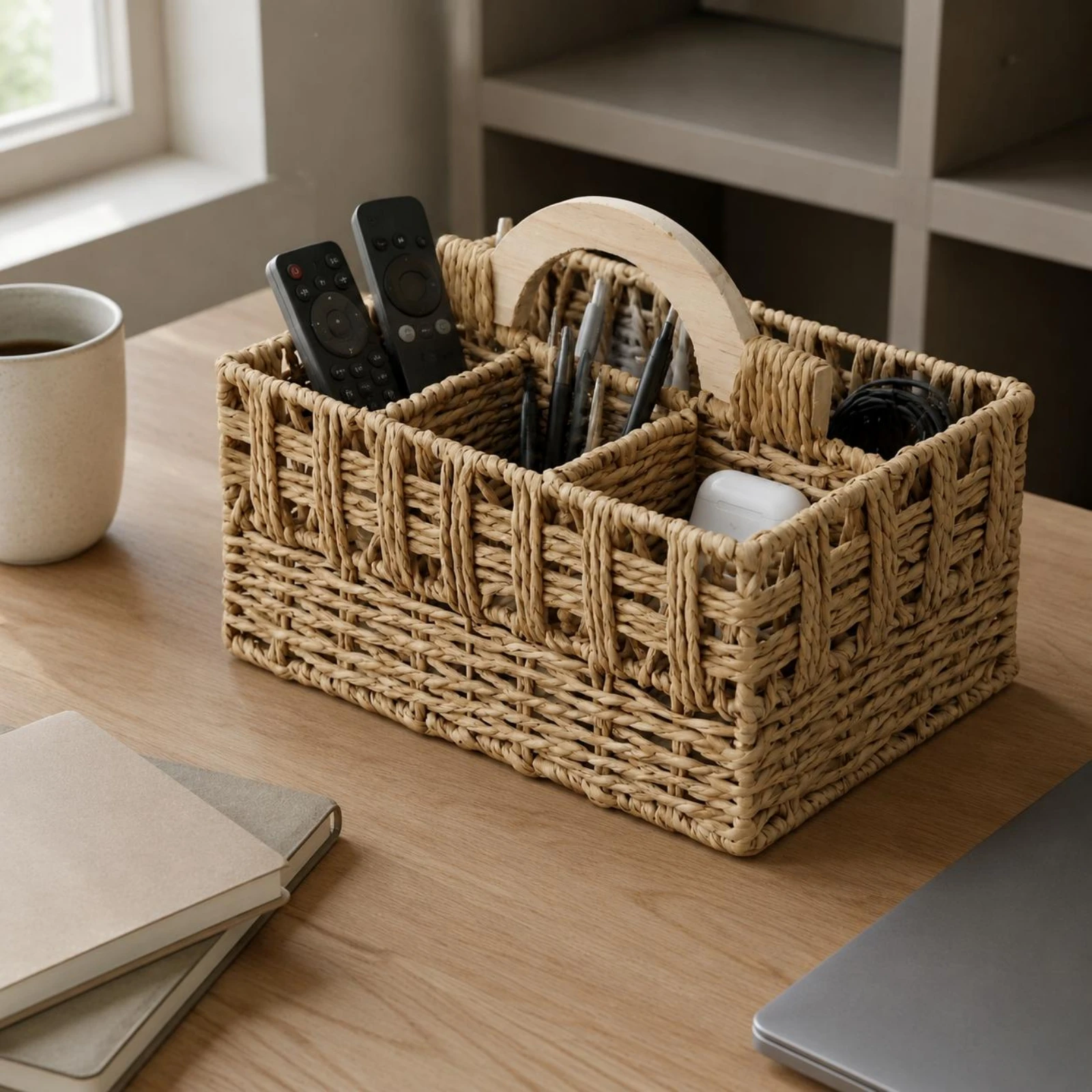 

Woven Rope Basket Handwoven Rope Basket with Handle Desk Organizer Decorative Airy Design for Office