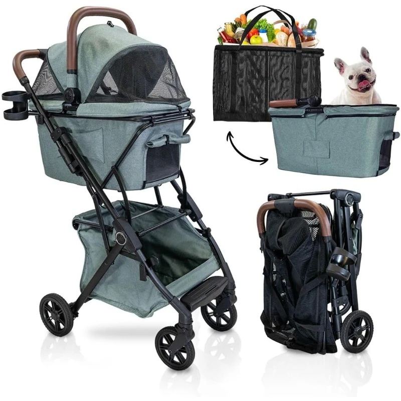 Luxury Pet Stroller Personal Folding Shopping Cart on Premium Wheels – Lightweight Aluminum Frame – Removable Bassinet