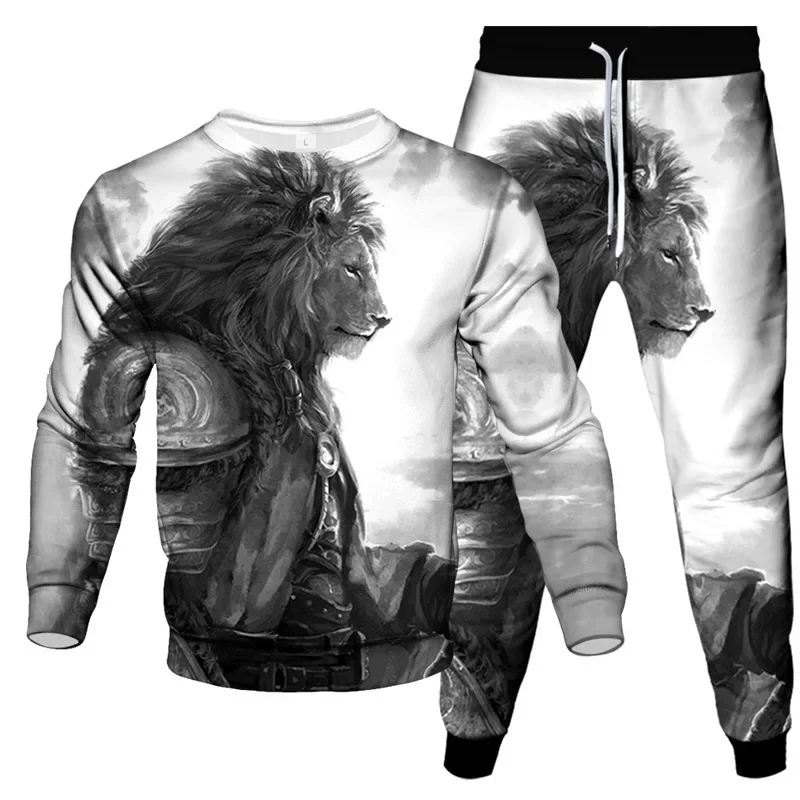 Tracksuit 2 Piece Suit Spring Autumn Fashion Sweatshirt Trousers Casual Animal Lightning Lion 3D Print Men Outoor Clothes Set