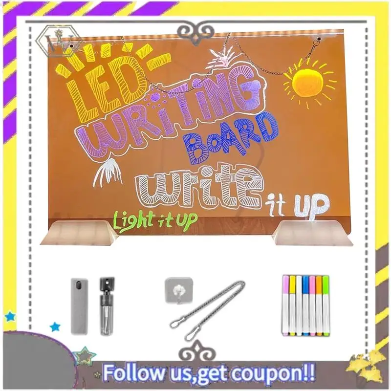 AU33-Can Be Hung Colorful 7Colors LED Dry-Erase Note Board Acrylic Message Board With Stand USB Power Rewritable Night Light