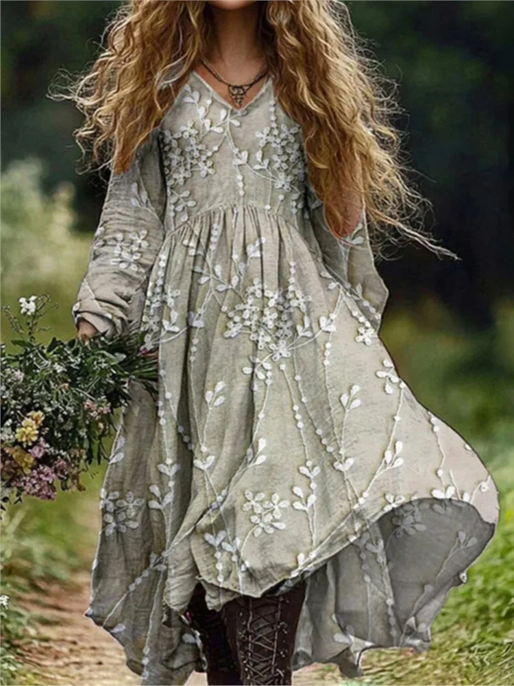 Boho Vintage Stampa Abiti Lunghi Per Le Donne 2025 Casual Scollo A V Manica Lunga Giunzione A Vita Alta Abito Allentato Autunno Moda Abiti