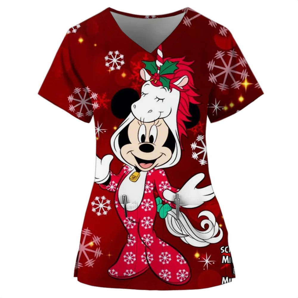 Christmas Hospital Nurse Blouse Disney Mickey Mouse print Medical Uniforms Women Nursing Scrubs Shirts Short Midwife Workers Top