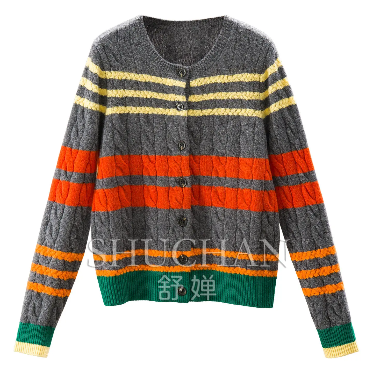 College Style, British Contrasting Striped Twisted 100 Wool Crew Neck Sweater Cardigan Women 54W3