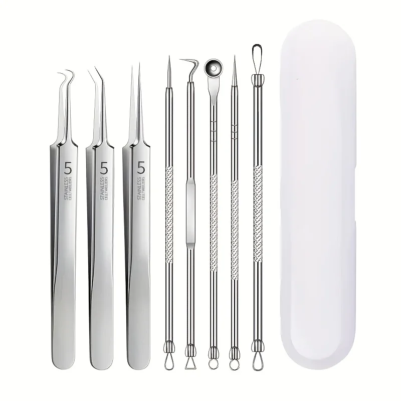 8-Piece Blackhead Remover Kit – Stainless Steel Blemish & Acne Extraction Tools – Professional Pimple Popper Set for All Skin