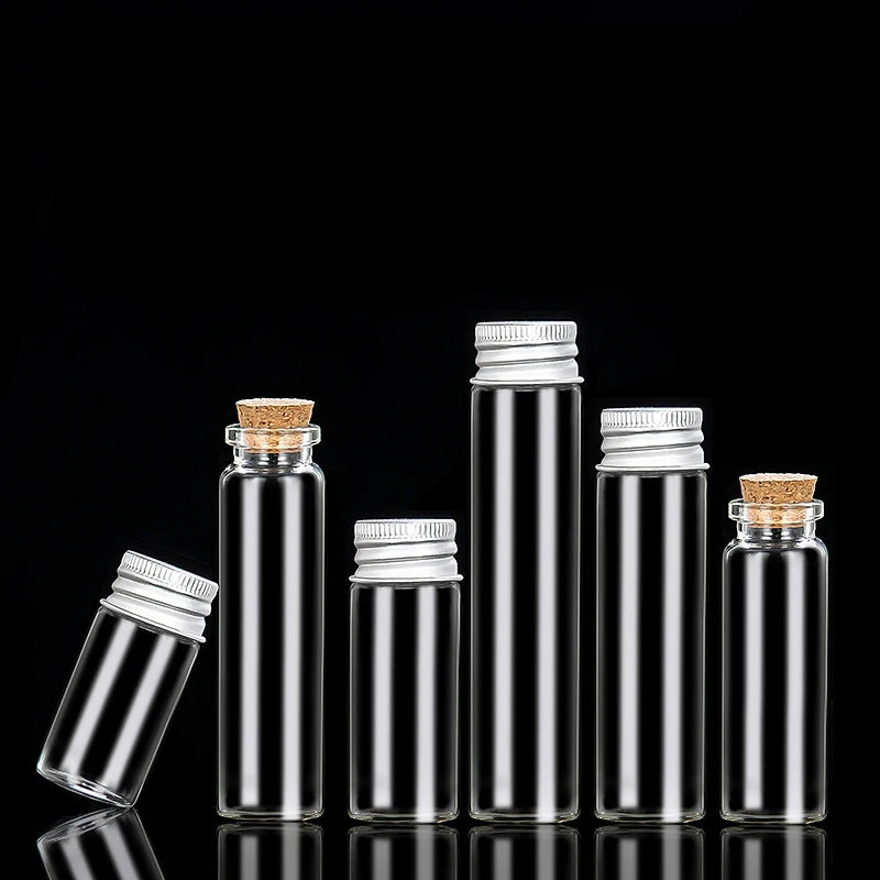 

50pcs 5ml 10ml 15ml 20ml Glass Bottle Aluminum Wood Lids Clear Vial Container for Powder Medicine Capsule Mini Drift Bottle