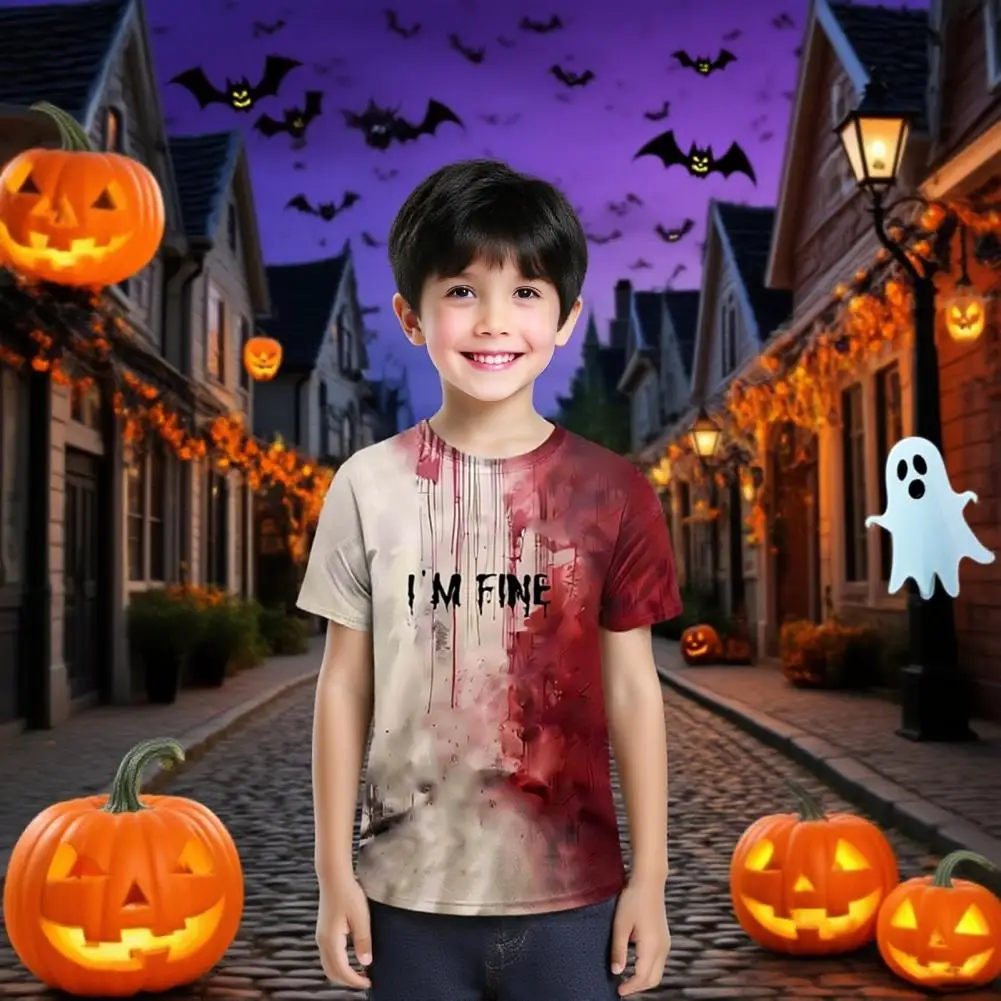 Kids Halloween T-shirt Blood Stain Print Tee Shirt Spooky Crew Neck Short Sleeve T-shirt for Horror Themed Party Costume Wear