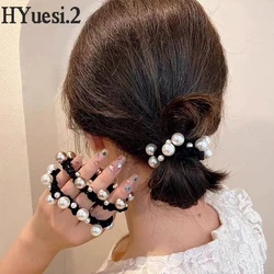 Elegant Imitation Pearls Hair Ties Women Simple Elastic Leopard Plaid Pattern Scrunchie Ropes Bracelet For Ponytail Holder