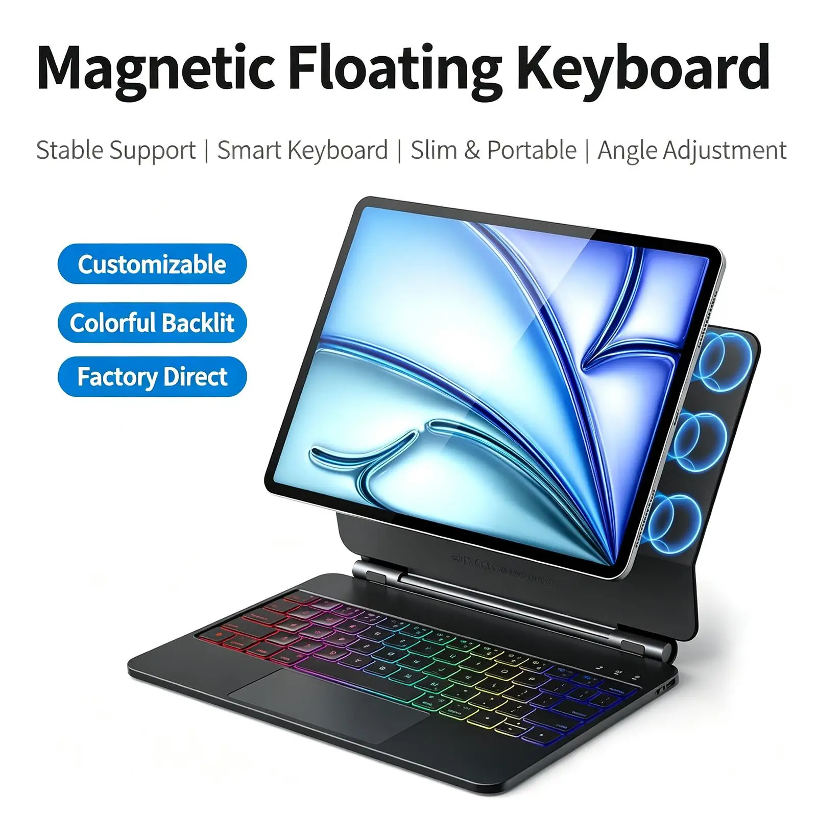 Magnetic Floating Keyboard Case for iPad Backlit Wireless Bluetooth Trackpad Keyboard Cover Slim Portable Protective Folio