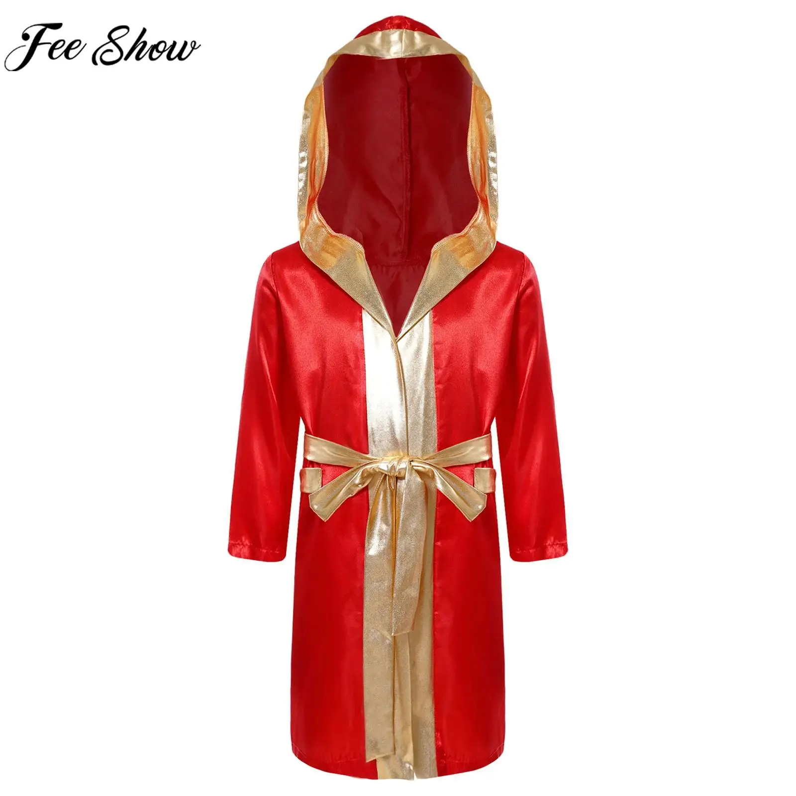 Children Boys Halloween Theme Party Boxer Cosplay Costume Long Sleeve Metallic Satin Cardigan Boxing Robe Hooded Cloak with Belt