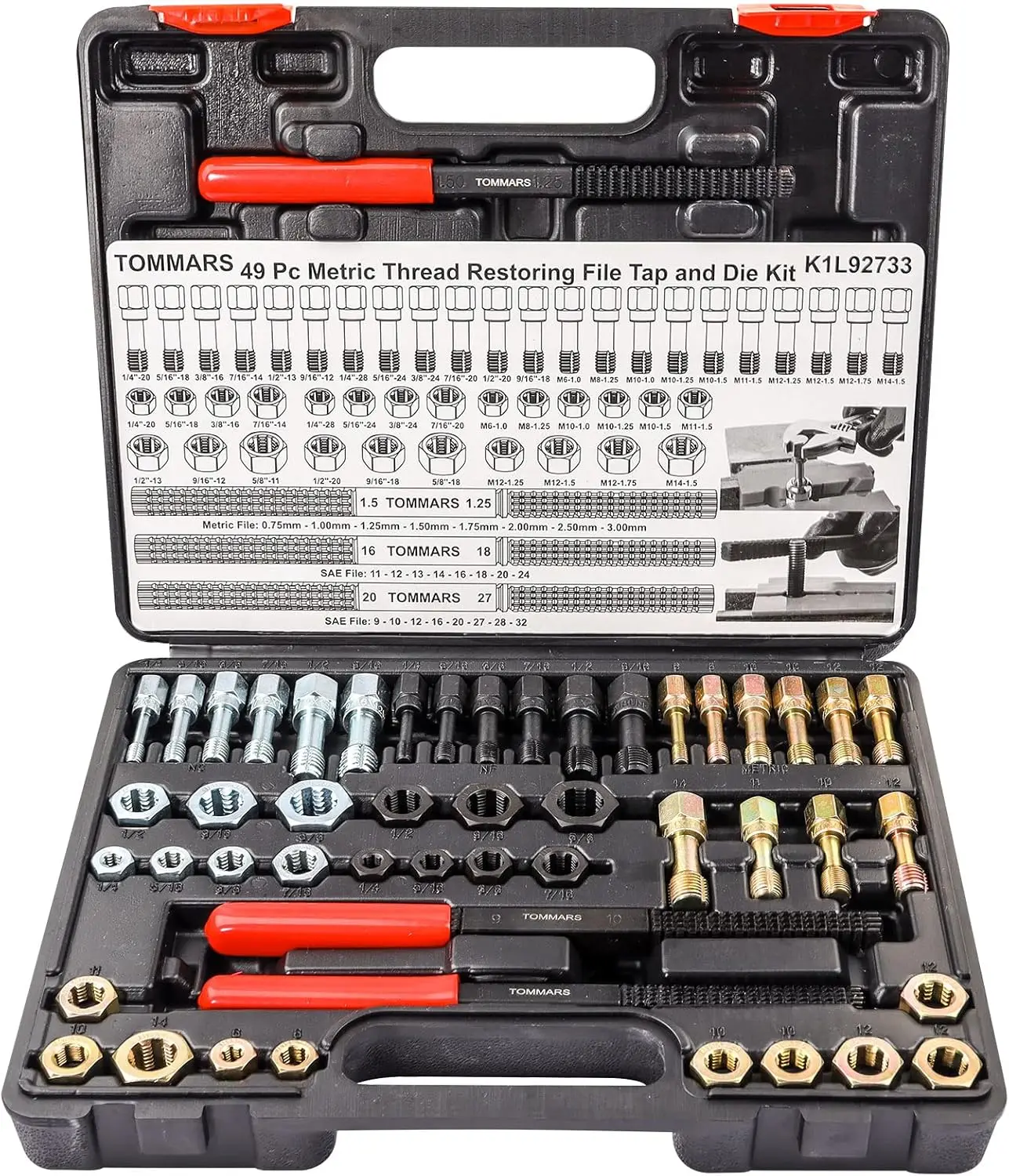 

49-Piece Thread Chaser Set Repair Kit, UNC UNF & Metric with Taps, Dies, and Thread Files for Rethreading and Restoration