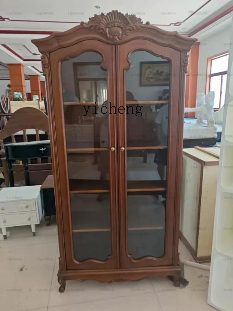 

European-style Home Vintage Solid Wood Carved Distressed Display Cabinet Sideboard Antique-style Wine Cabinet