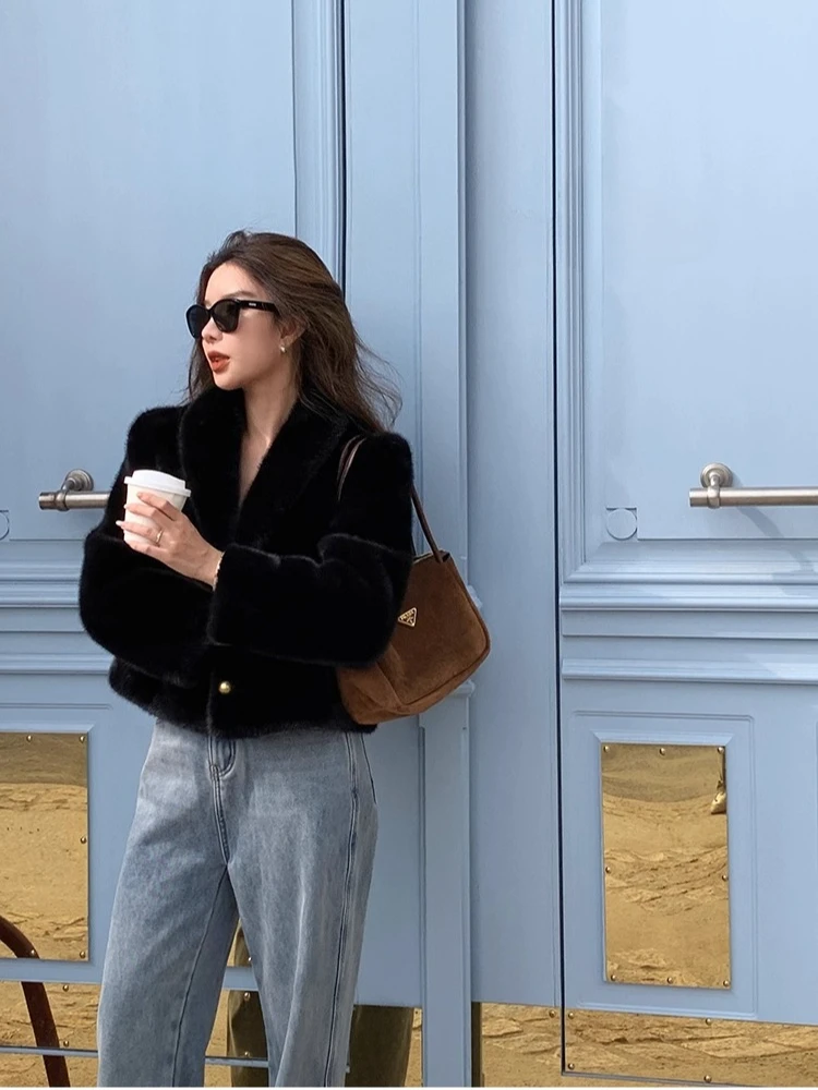 

Faux Mink Fur Short Coat Women's Winter Fashion Jacket Chic Elegant Fluffy Outerwear Fall Winter Luxury Warm Overcoat Top