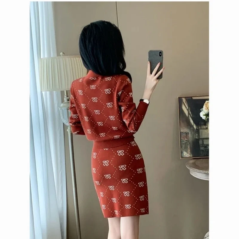 Spring Autumn Ladies Suits Bow Patchwork Long Sleeve Fashion Sweater High Street Elastic Waist Printing All-match A-line Skirt