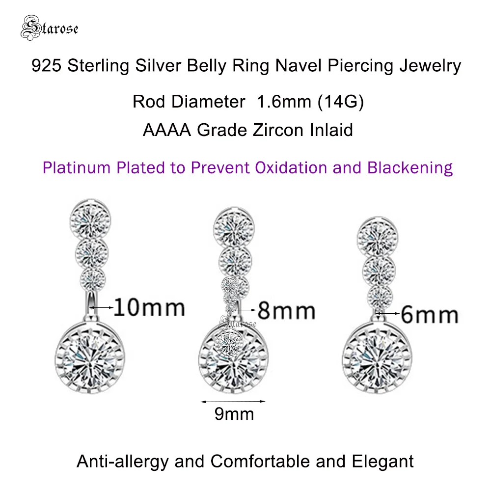 Top Quality 1.6x6/8/10mm 14G 925 Sterling Silver Bar Navel Piercing Women Belly Piercing Jewelry Round Zircon Belly Button Rings