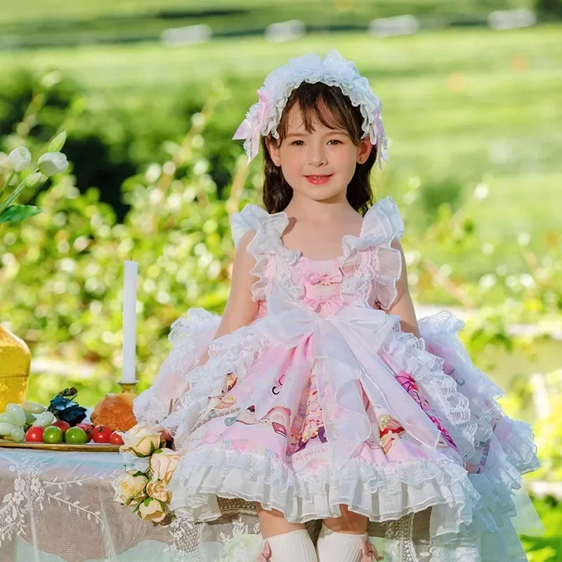 Vestido de baile de Lolita español Vintage de encaje de malla azul de manga corta para niña, vestido de princesa para fiesta de cumpleaños de Pascua Eid