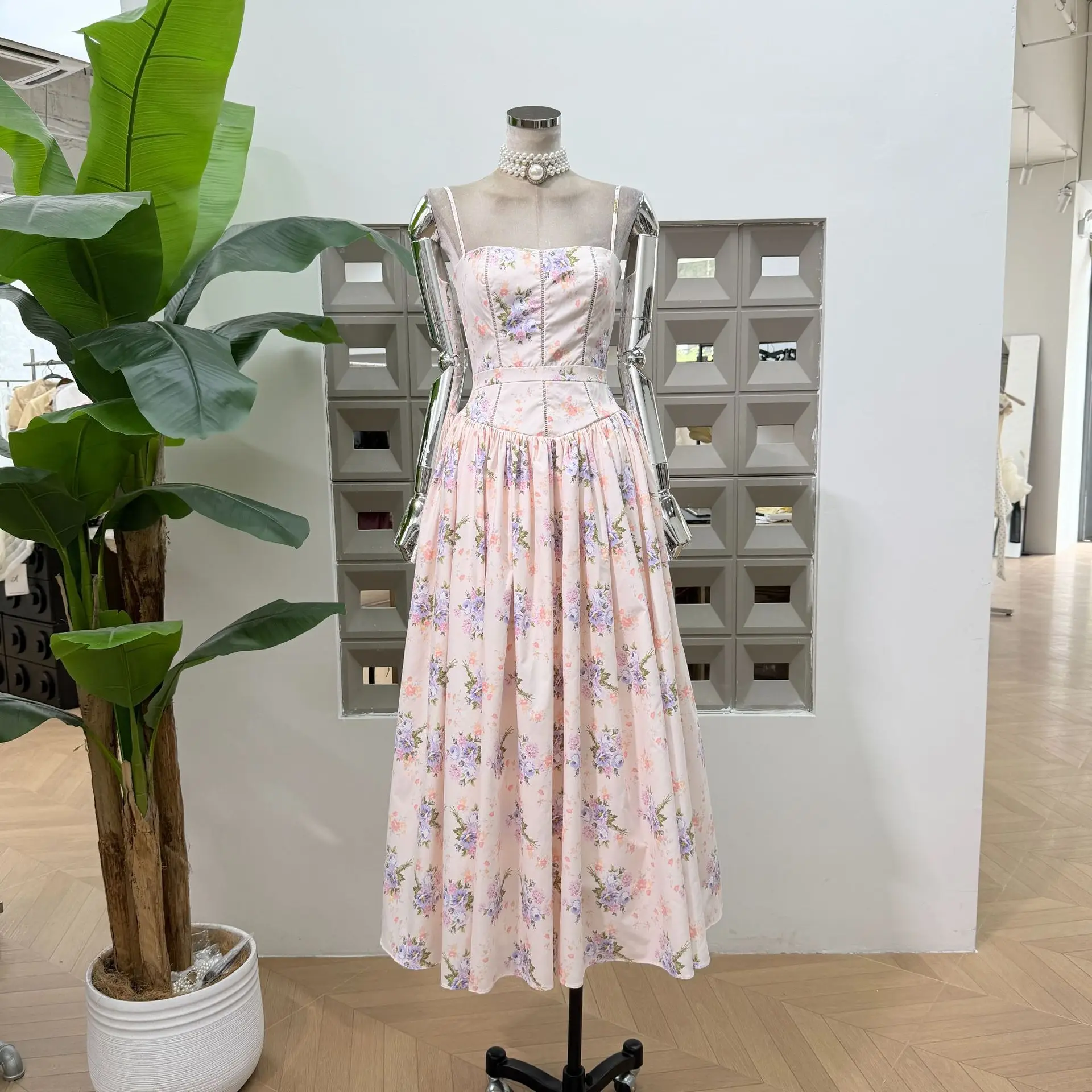 Pastoral Style Print Long Dress Spaghetti Strap Sleeveless Off-shoulder Waist Cincher Slim Dresses Elegant Holiday Summer Dress