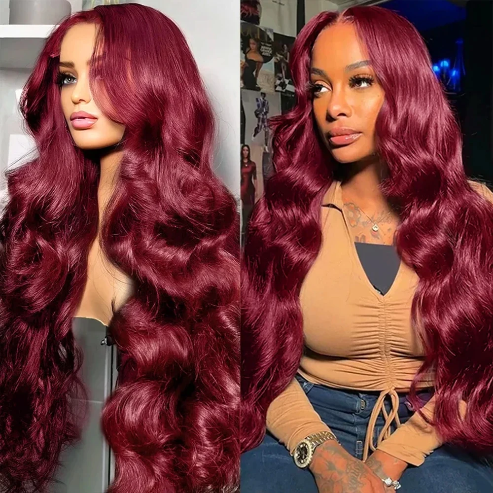 Peruca frontal de renda brasileira para mulheres, vermelho, onda corporal, 99j Borgonha, 13x6 Lace Front, cabelo humano, 200 Density, 13x4, 30 in, 36 in