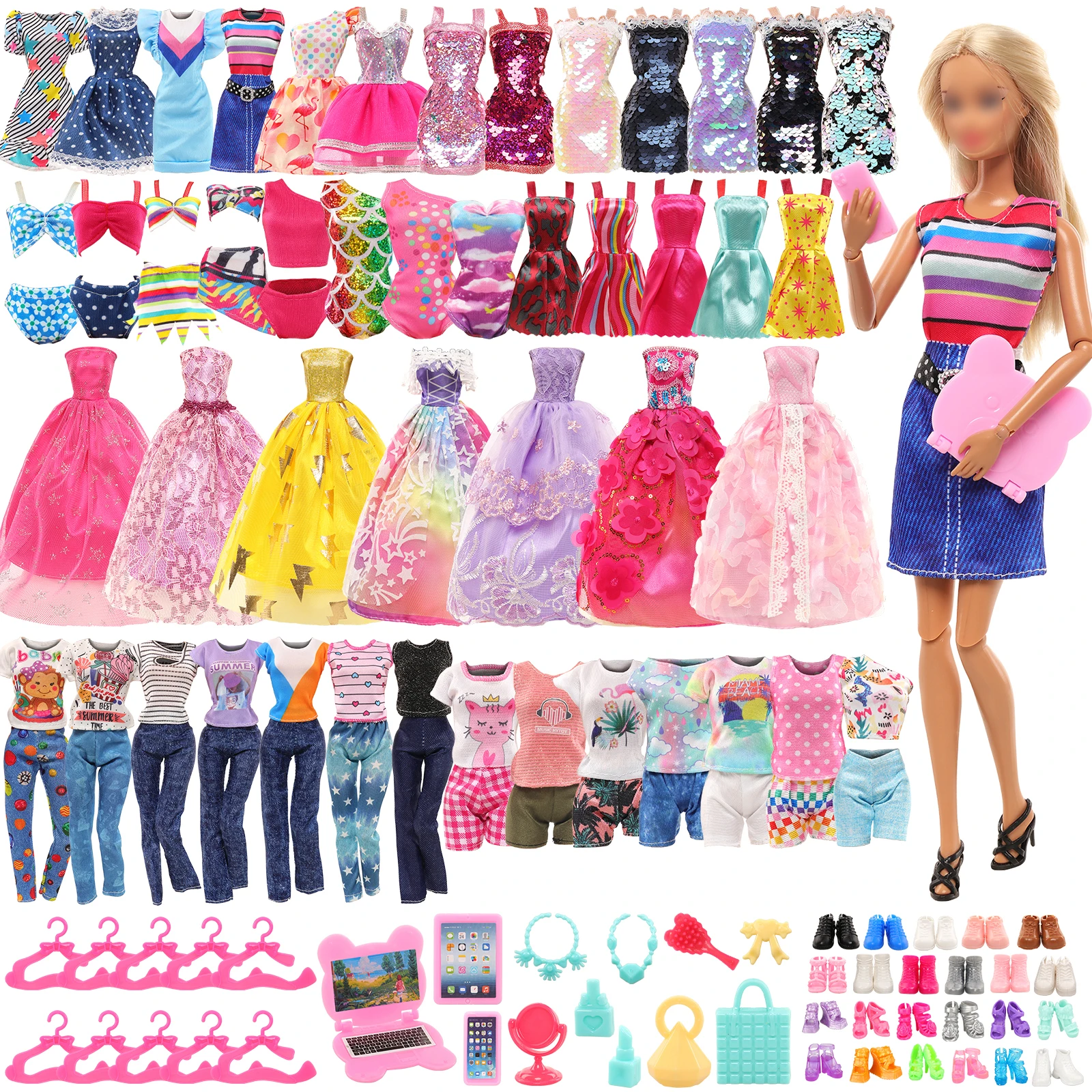 

Barwa 59 Pcs Fashion Doll Clothes and Accessories=15 Dress+4 Sets of Tops and Pants+3 Swimsuits+3 Computer Three Piece Sets