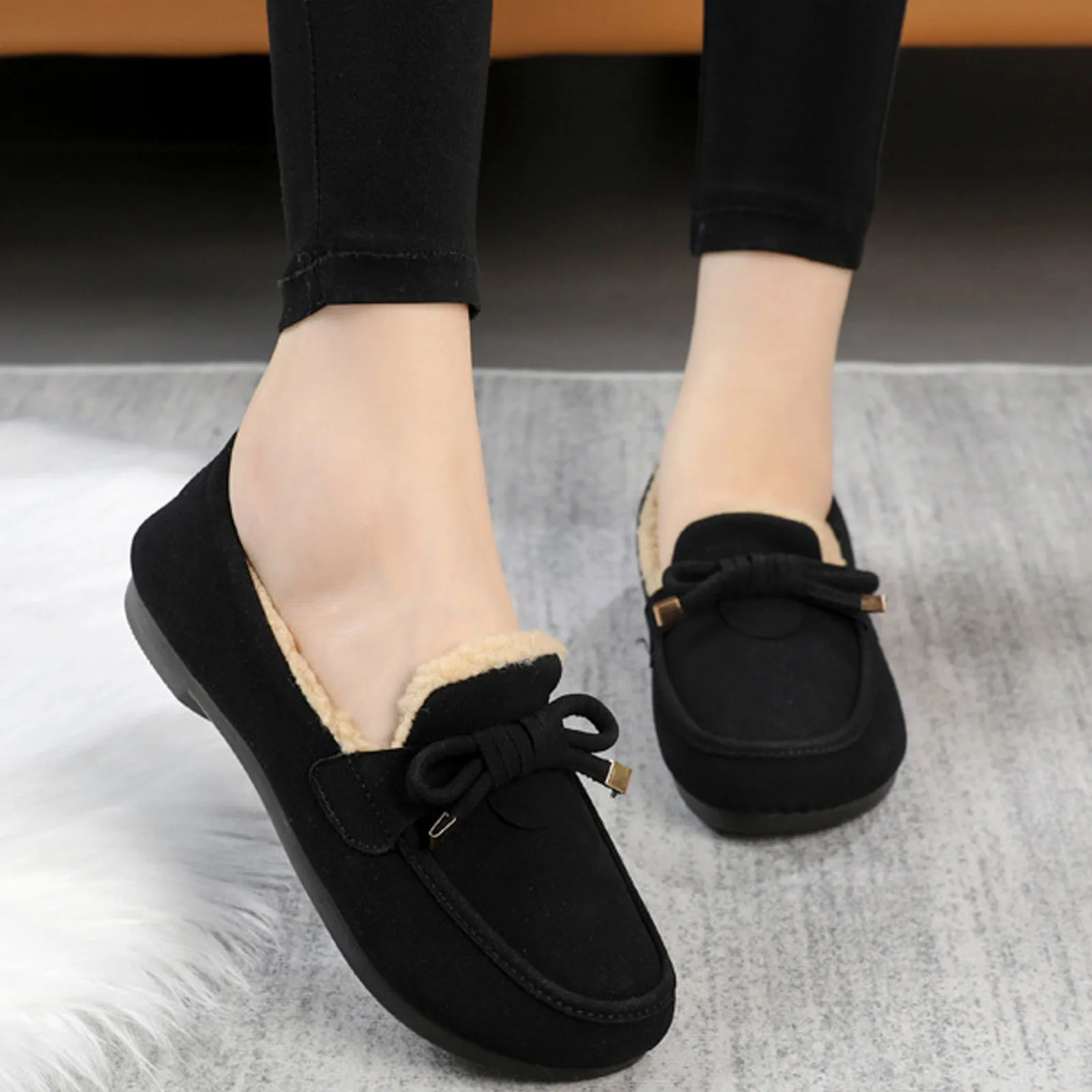 Autumn and Winter New Moccosins Women Fleece-lined Warm Casual Shoes Flat Loafers Fluffy Shoes Slip-on Women's Cotton Shoes