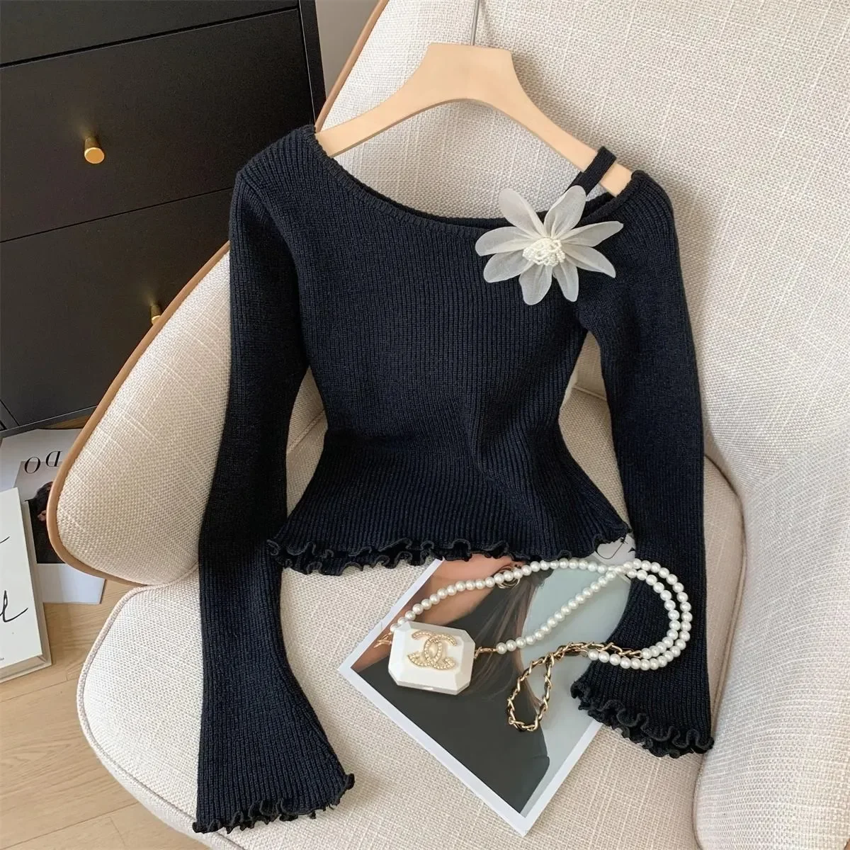 Fiori tridimensionali Stile delicato Orecchie in legno irregolari Maglione corto a maniche lunghe Bellissimo maglione lavorato a maglia sottile e sottile