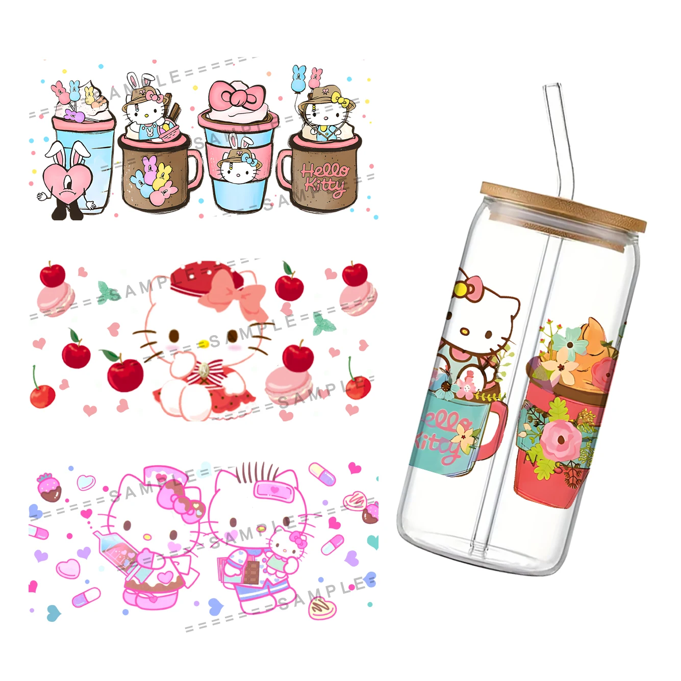 Sanrio Hello Kitty UV DTF Transfers Stickers Decals For 16oz Libbey Cold Cups Mugs Tumbler Waterproof DIY Craft