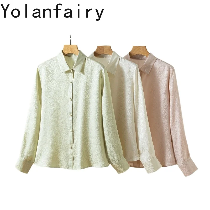 

YOLANFAIRY 100% Real Mulberry Silk Shirt for Woman 2026 Elegant Jacquard Womens Tops Spring Summer Long Sleeve Shirts Blouses