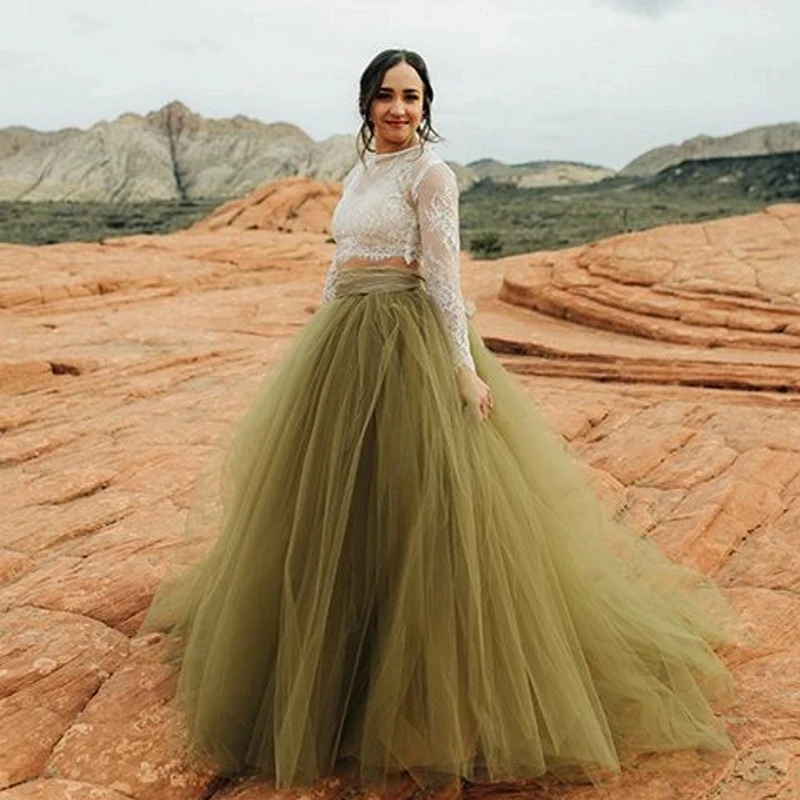 Vestido de baile fofo, saia longa de tule de noiva, cintura elástica, 7 camadas, saia de casamento de tule, verde militar, inchado, festa de baile, feito à mão