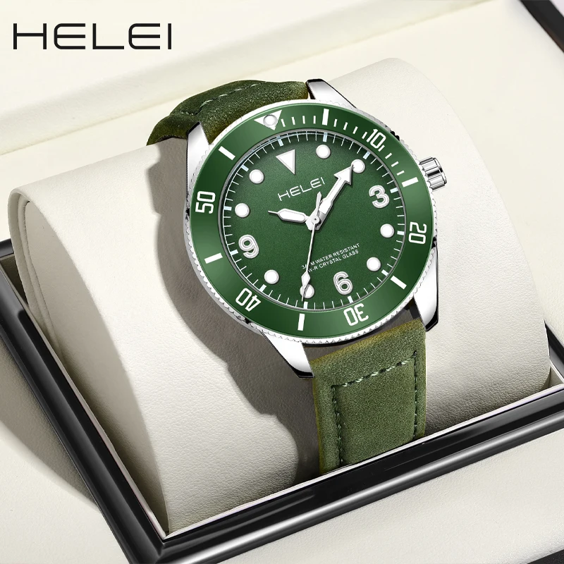 HELEI Fashion new sports casual quartz watch date genuine Leather luminous strap men's wristwatch