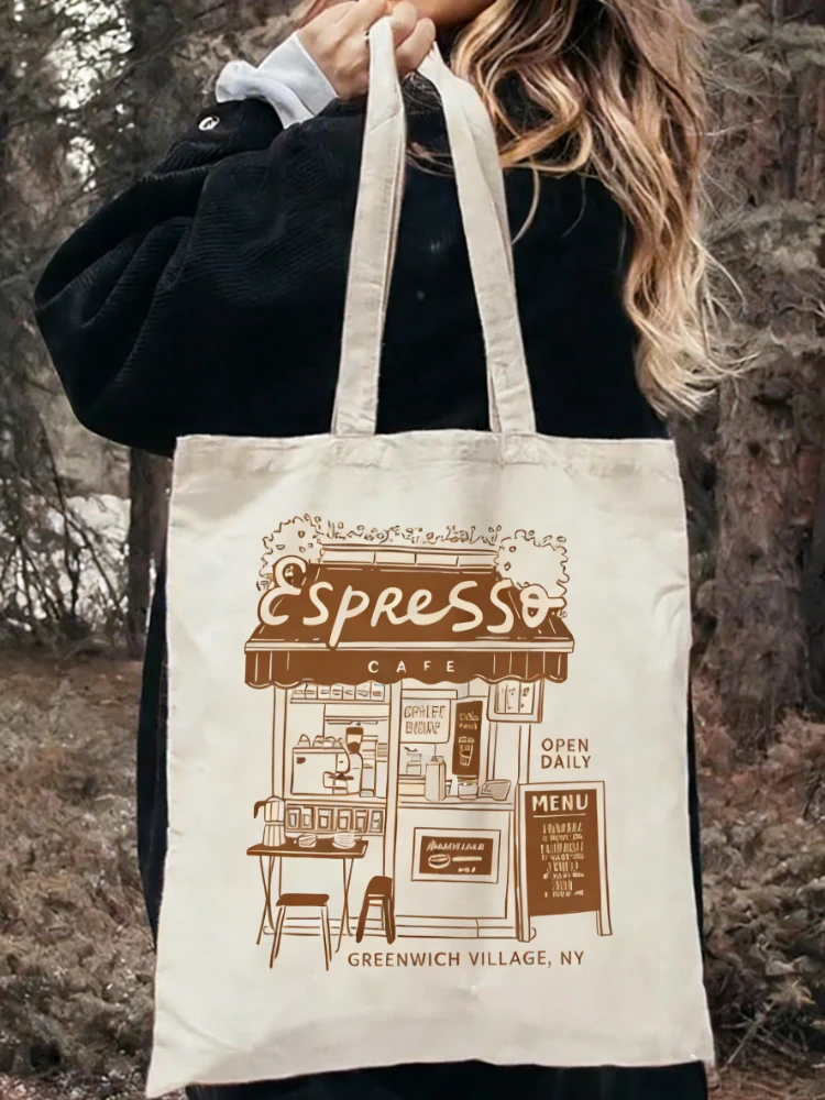 1pcs Student Single Shoulder Backpack Fashionable Simple Stylish Commuting Tote Bag Espresso Cafe Pattern Canvas Bag Best Gift