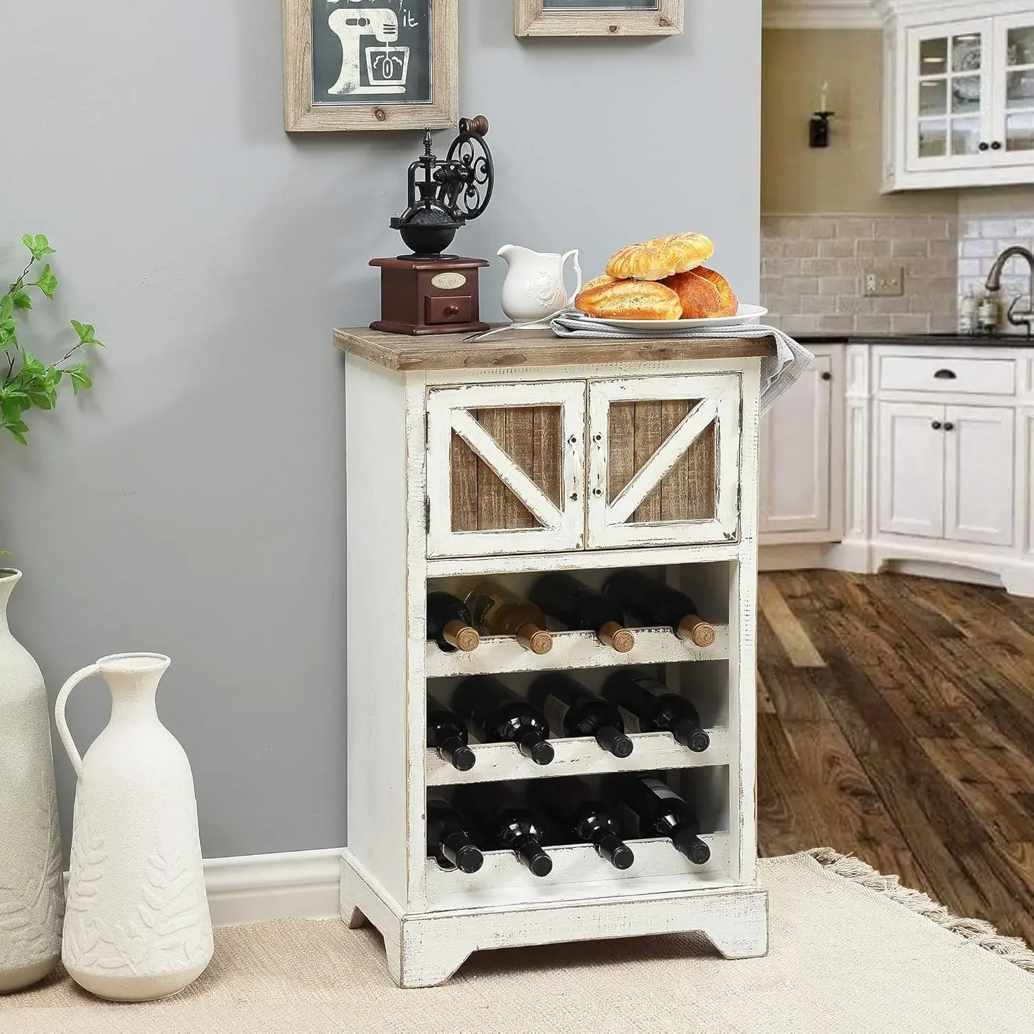 Natural Wood Wine Bar Cabinet, Farmhouse Wine Rack, Wine Shelf with Vine Glass Storage Space