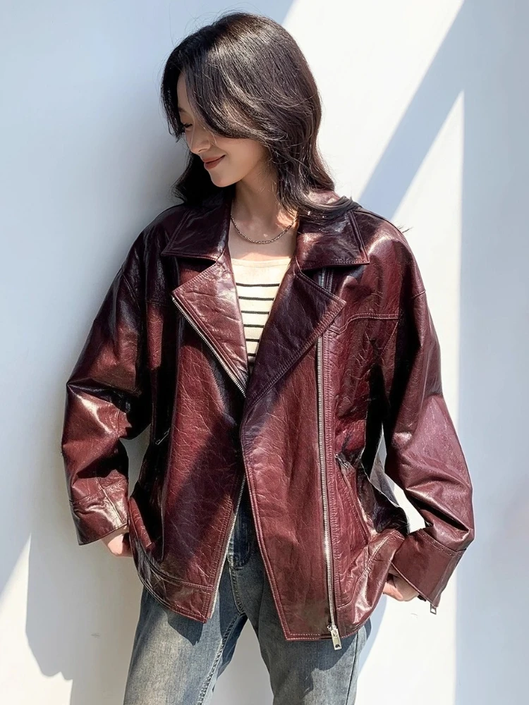 Vestes de moto décontractées en cuir véritable pour femmes, manteau haut de gamme, Simple, ample, cire d'huile douce, en peau de chèvre véritable, printemps automne