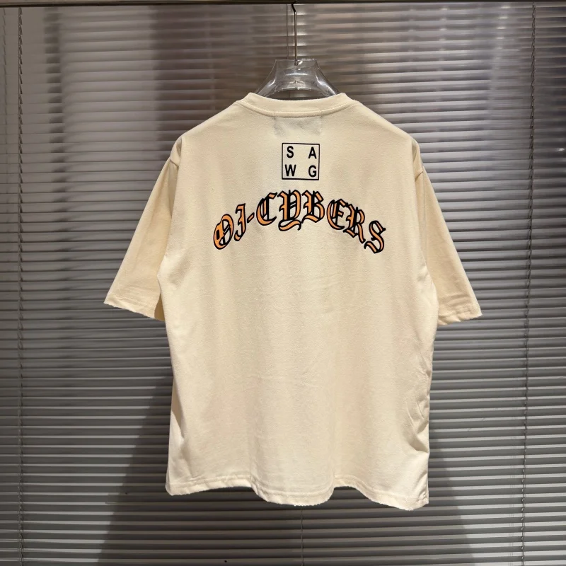 Street Paly Apricot TEEHigh-Quality Casual Lettering Portrait Print Loose-Fit Hip-Hop Short-Sleeve T-Shirt